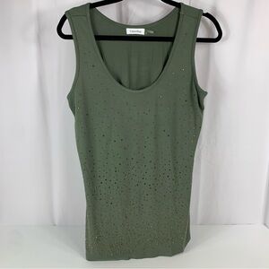 Calvin Klein Women’s Olive Green Gold Studded Sleeveless Rayon Tank Top Large